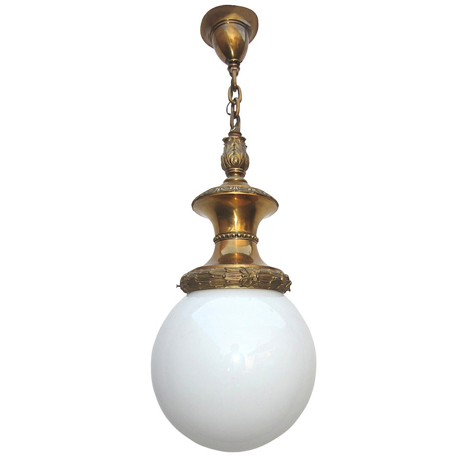 Early 1900s Bronze and Milk Glass Ball Auditorium Pendant Lamp