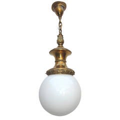 Antique Early 1900s Bronze and Milk Glass Ball Auditorium Pendant Lamp