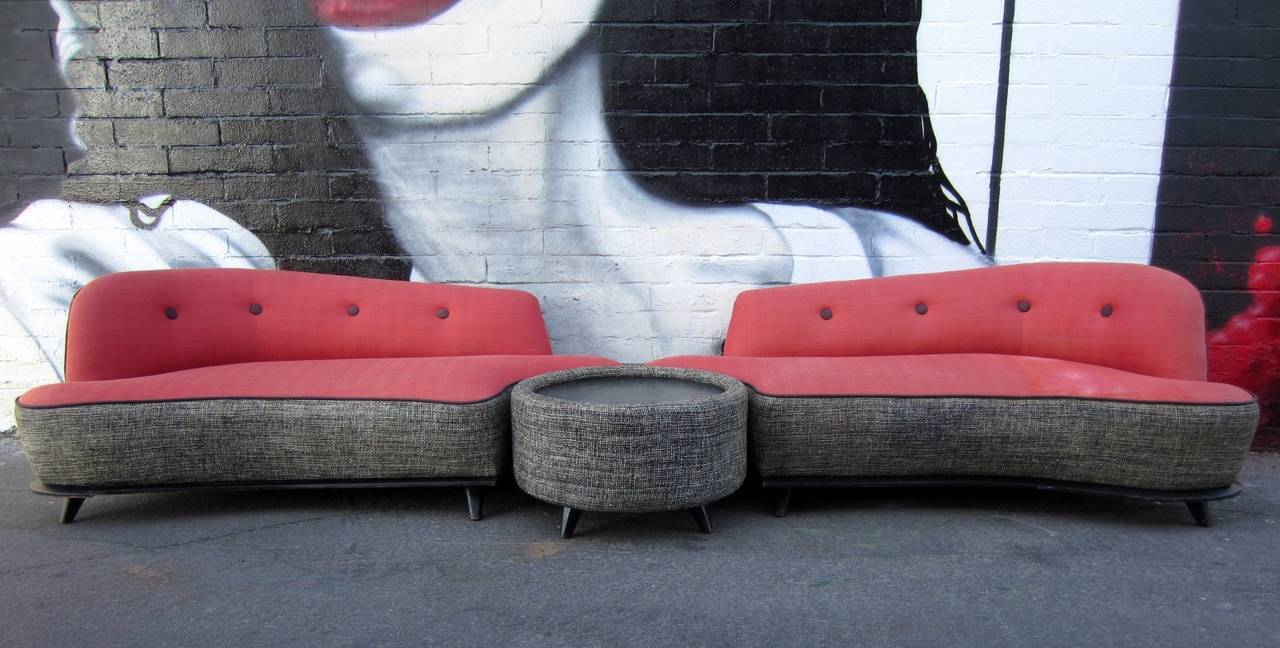 Mid Century Modern Curved Sectional Sofa And Center Table At 1stdibs Fabulous Three Piece Sectional Sofa Circa 1950 Soft Pink And Black Ebonized Oak American Mid Century Modern Curved