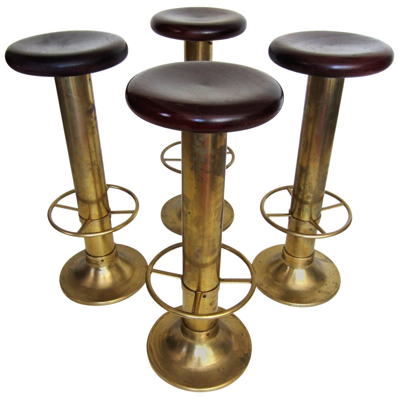 Art Deco Italian Maritime Brass and Mahogany Bar Stools, Set of Four