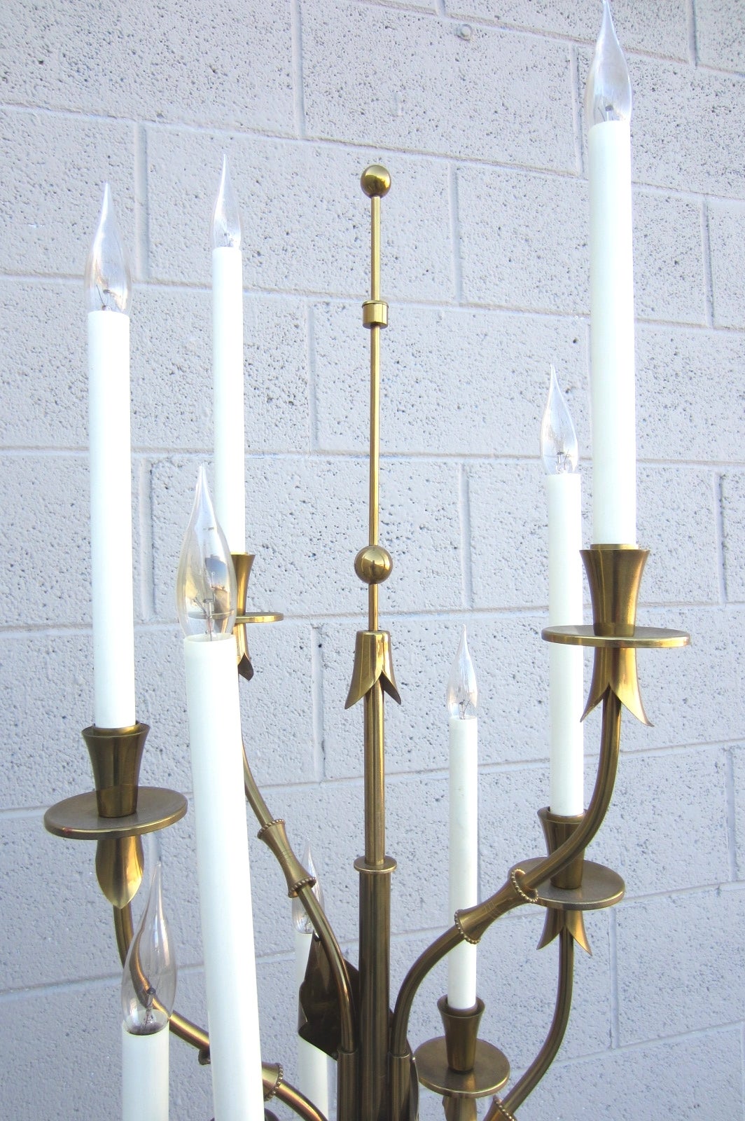 Brass candelabra floor lamp by Stilnovo of Italy, circa 1960s.
Fabulous piece of functional art. 11 candlestick bulb sockets.
Exceptional golden aged brass with pure white Italian marble base.
Stands 5-1/2