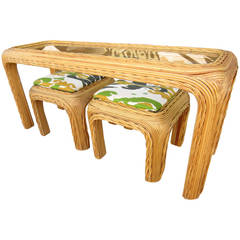 Vintage Split Bamboo Rattan Console Table and Stools 5