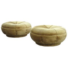Pair of Large Hollywood Regency Rolling Pouf Stools or Ottomans in Velvet