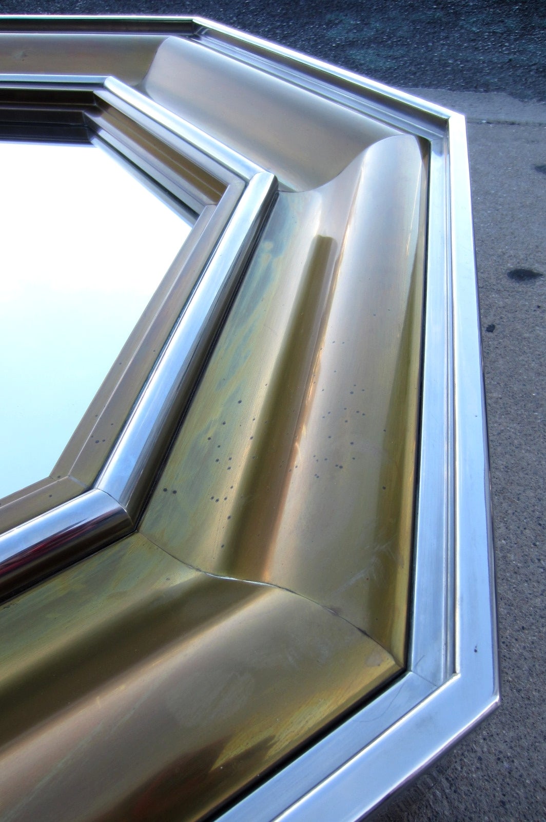 French Regency Style Brass and Stainless Steel Octagon Mirror by Michel Pigneres