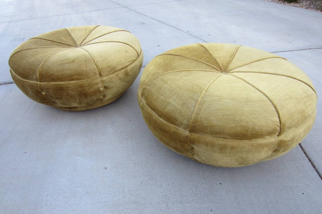 Pair of Large Hollywood Regency Rolling Pouf Stools or Ottomans in Velvet 1