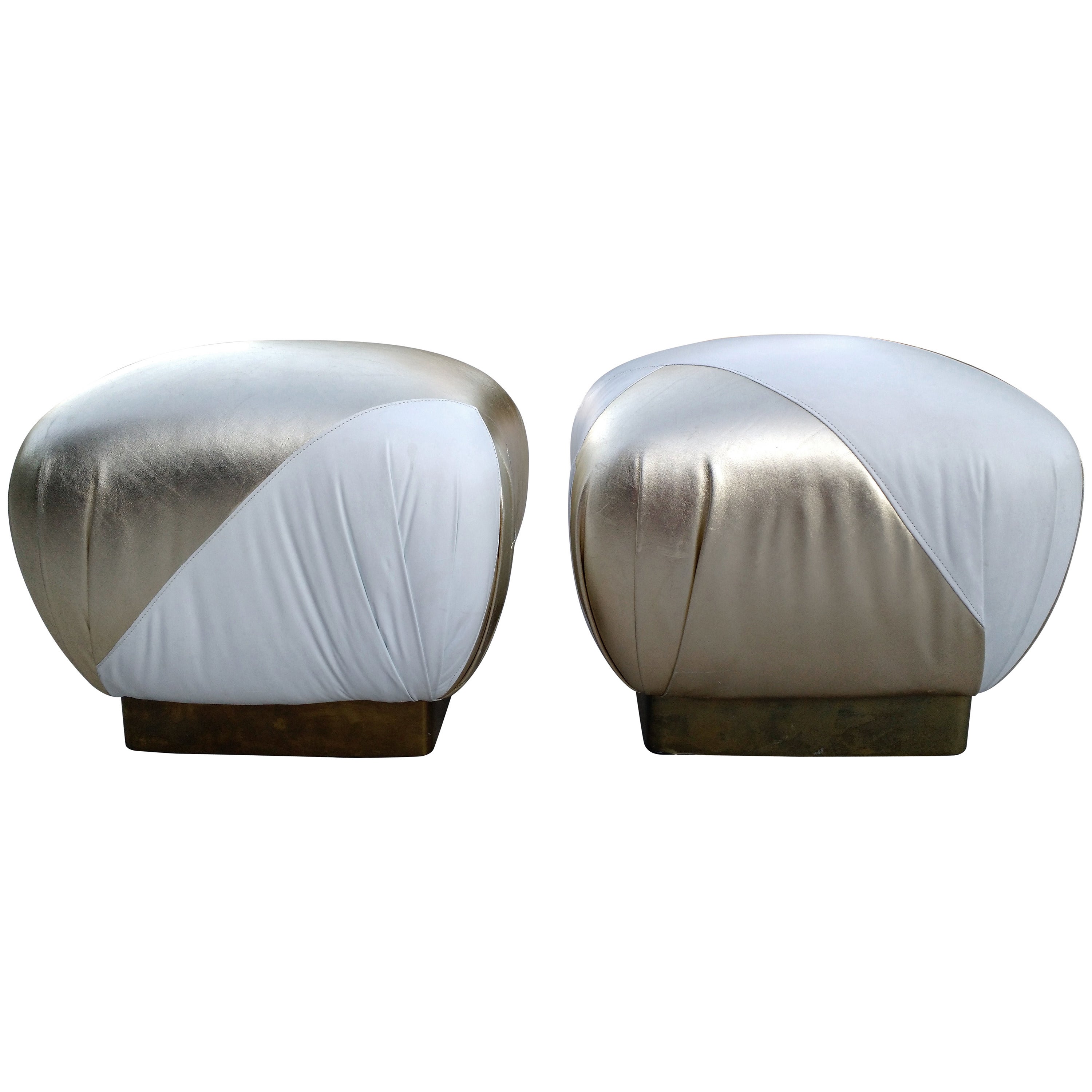 Hollywood Regency Pouf Ottomans in Gold and White Leather, Karl Springer Style