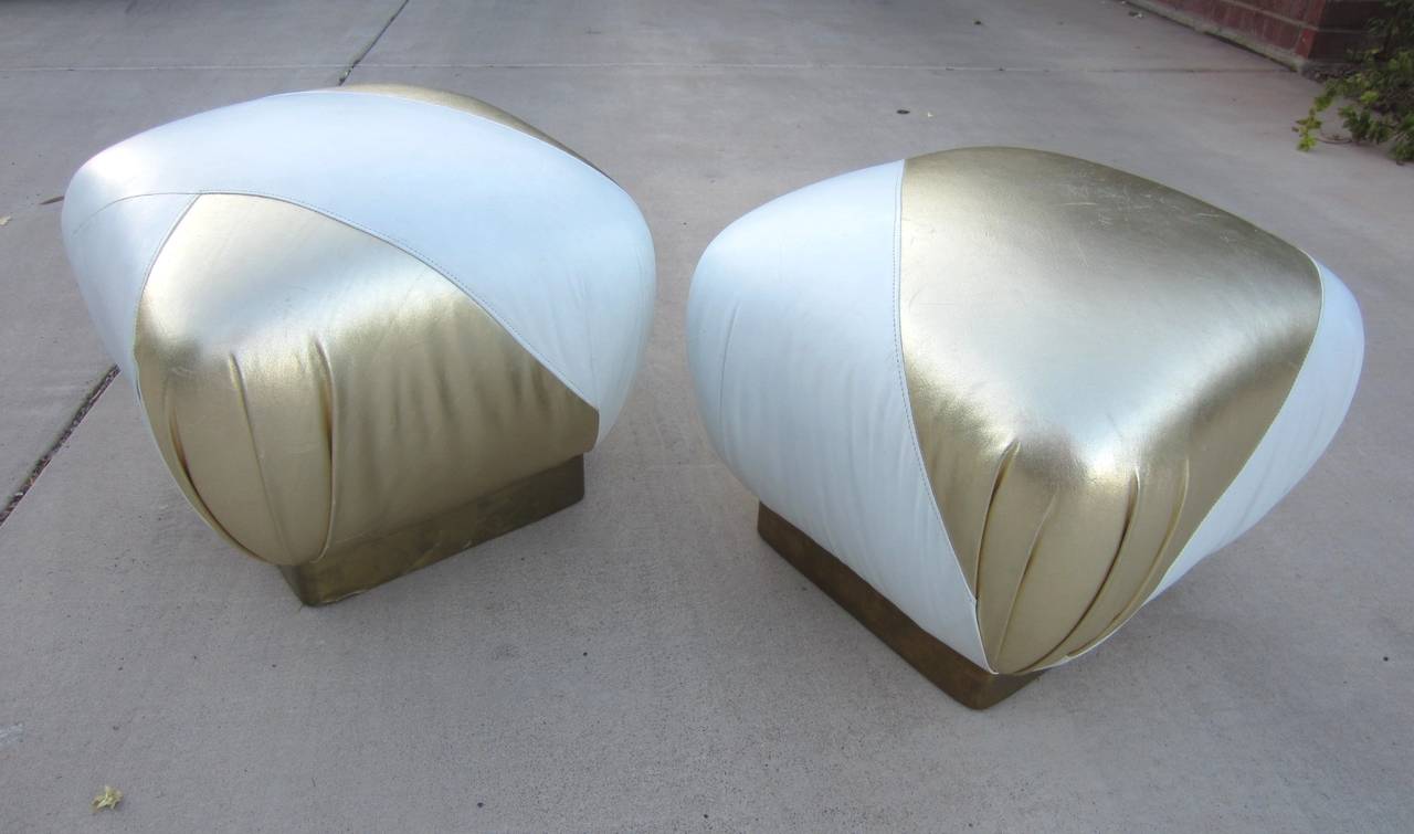 Hollywood Regency Pouf Ottomans in Gold and White Leather, Karl Springer Style 1