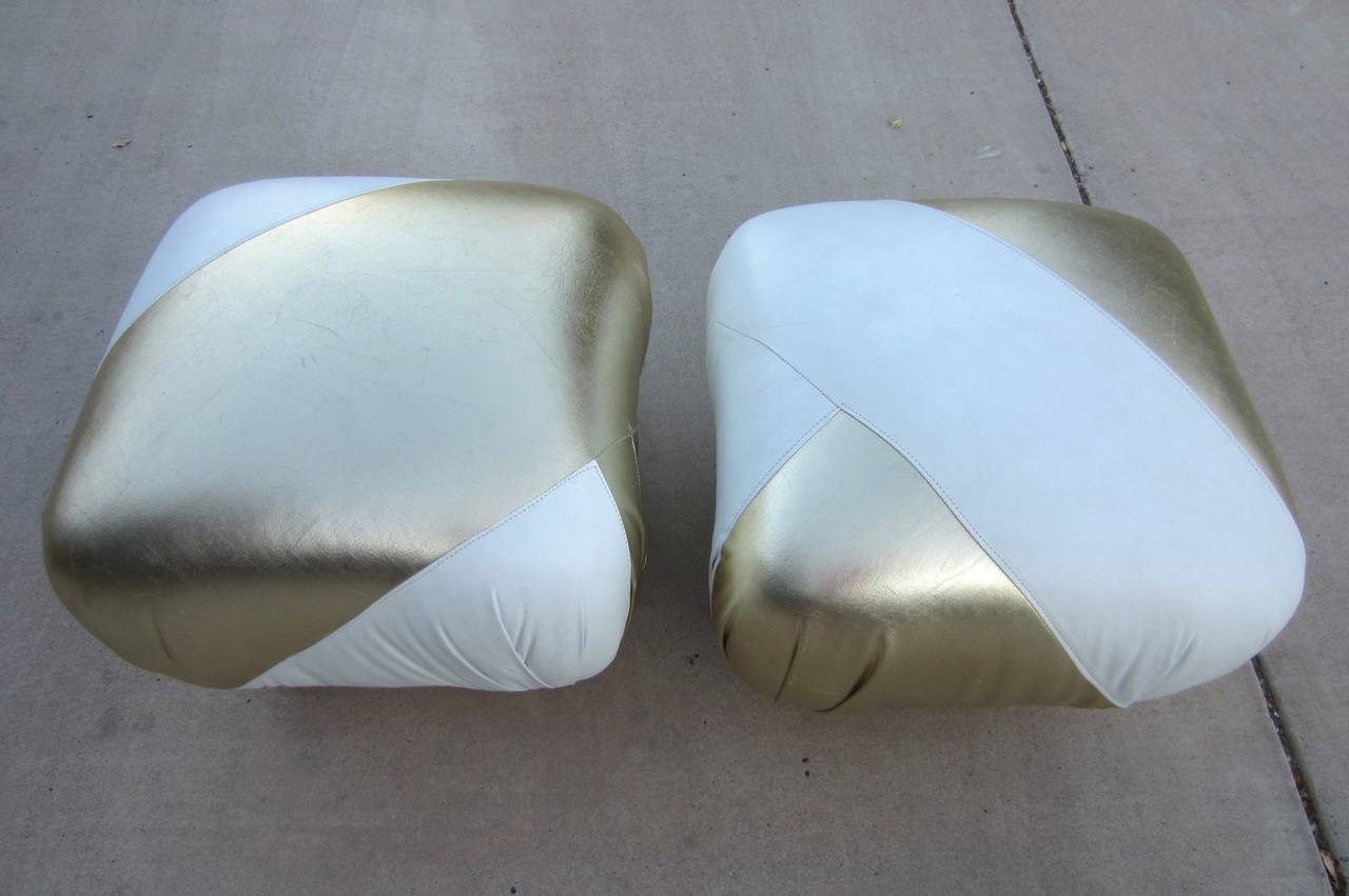 American Hollywood Regency Pouf Ottomans in Gold and White Leather, Karl Springer Style