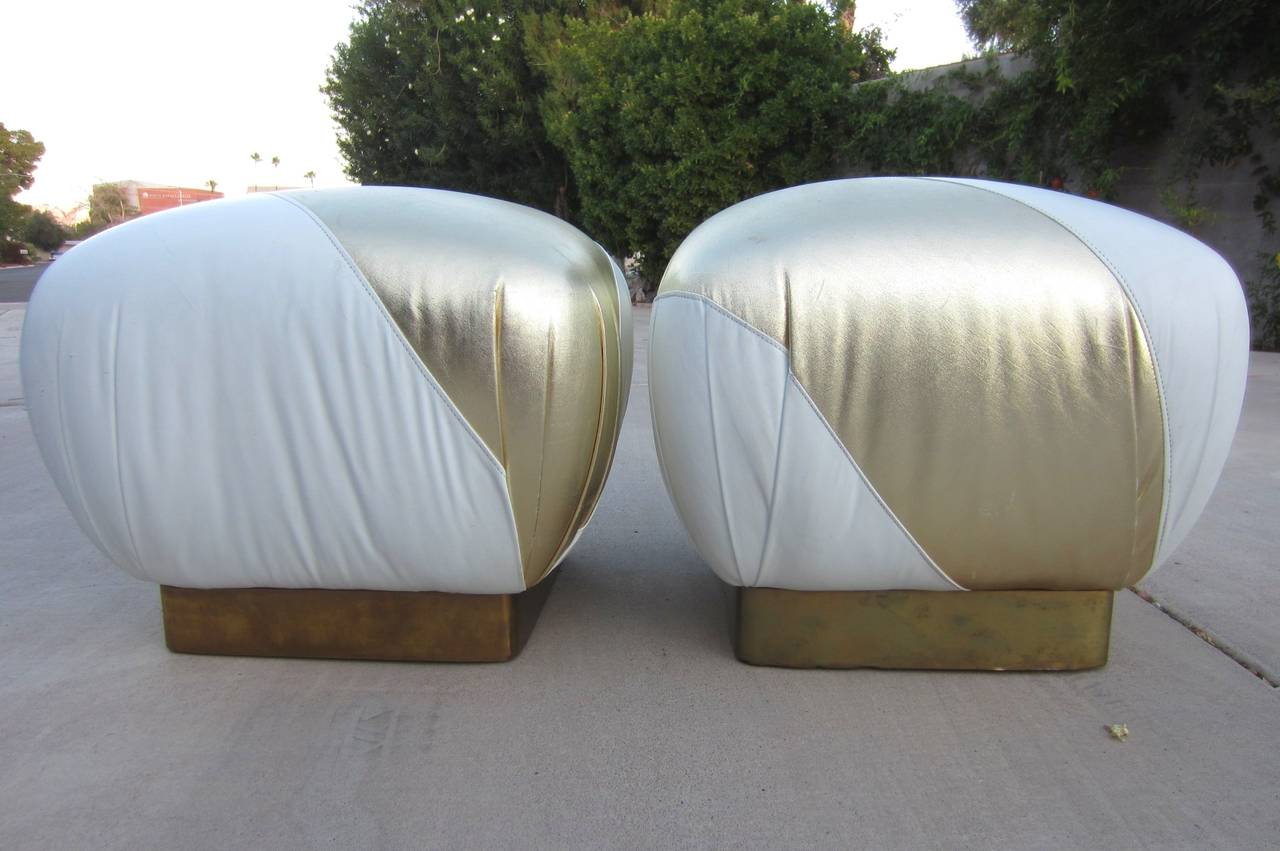 Late 20th Century Hollywood Regency Pouf Ottomans in Gold and White Leather, Karl Springer Style