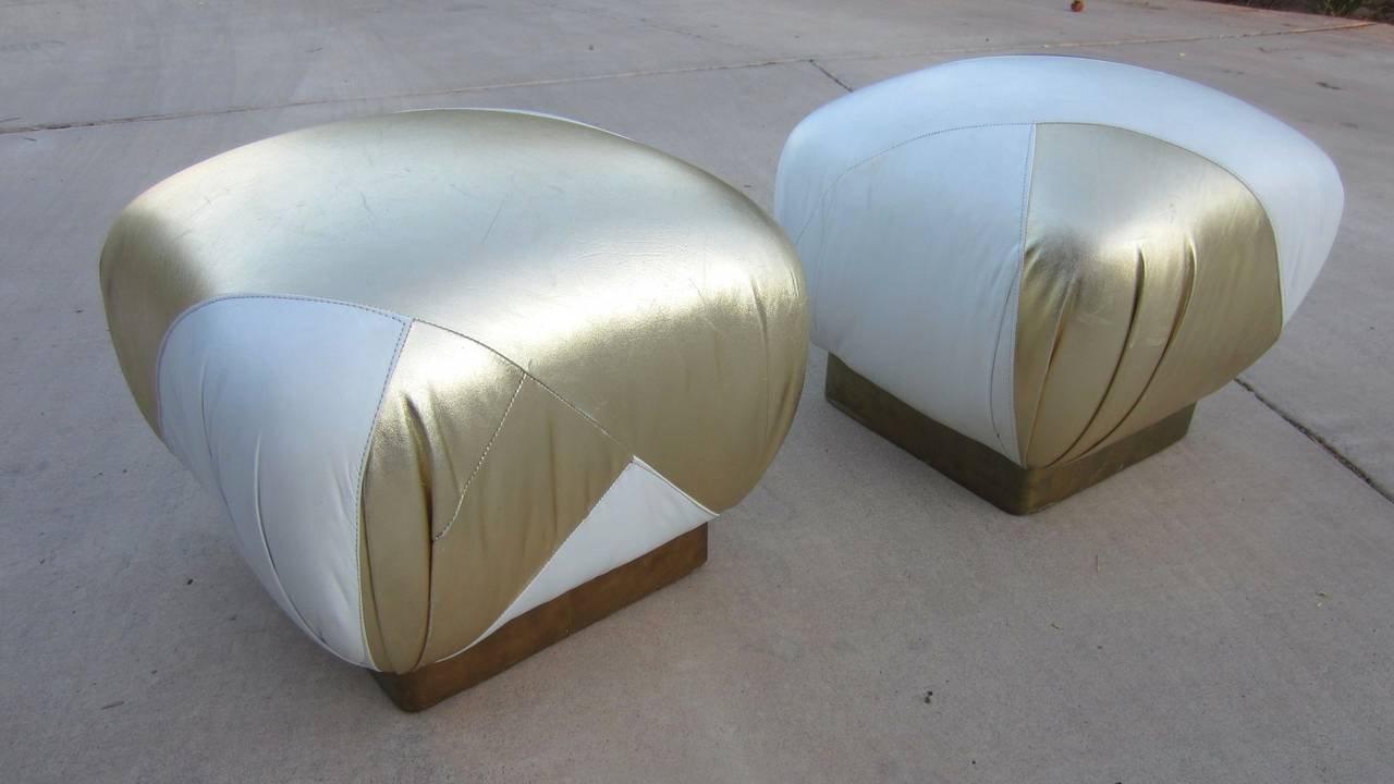Hollywood Regency Pouf Ottomans in Gold and White Leather, Karl Springer Style In Good Condition In Las Vegas, NV