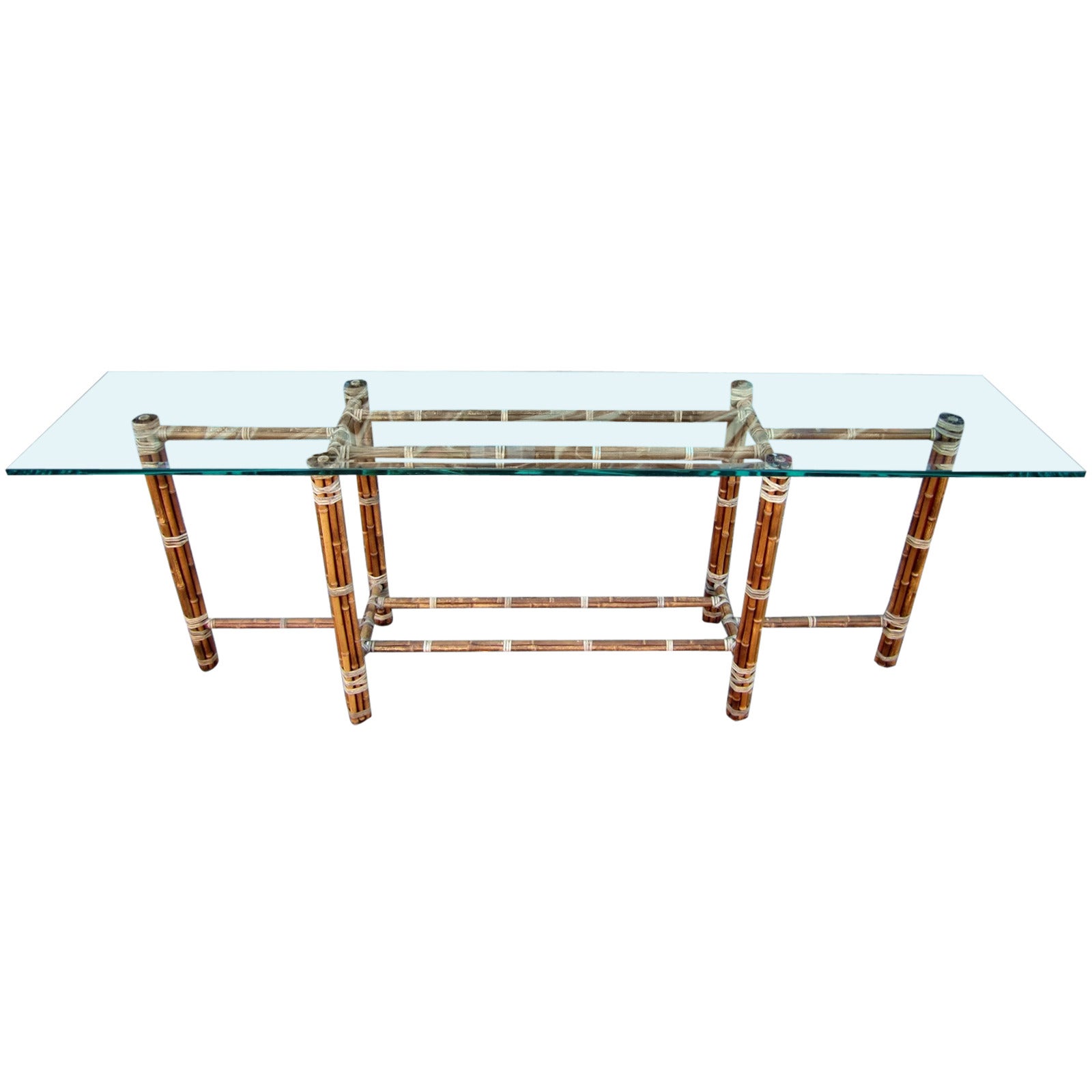 Large Reed Bamboo and Leather Sofa Table by McGuire