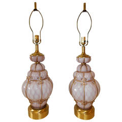 Seguso Murano, Italy Bubble Cage Art Glass Table Lamps In Violet
