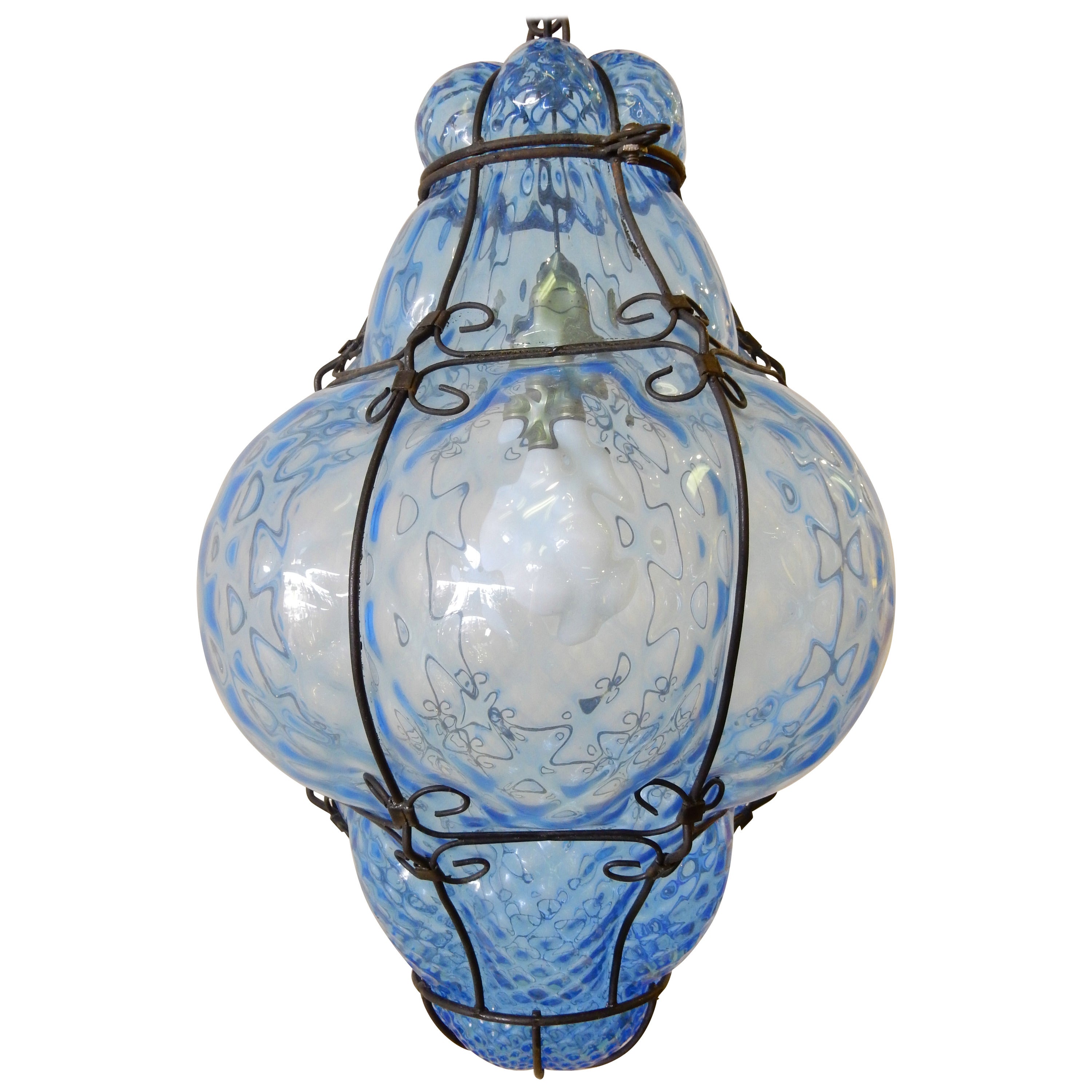 Italian Cage Art Glass Pendant Lamp by Seugso in Aqua Blue