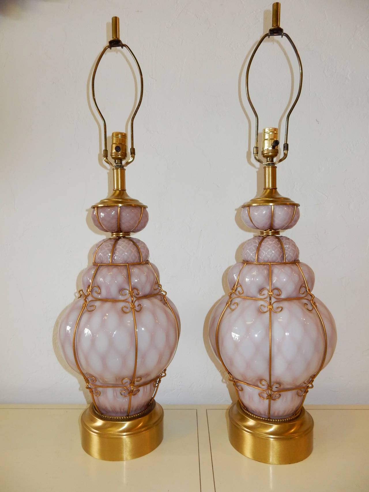 Italian Mid-Century Seguso Murano Italy Bubble Cage Art Glass Table Lamps Pink/Violet