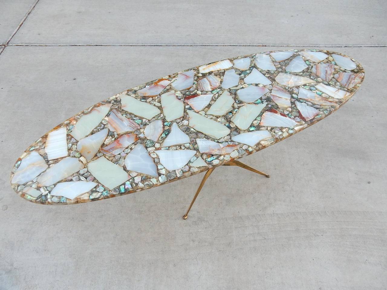 Mid-Century Modern Arturo Pani Attributed Onyx Abalone and Brass Coffee Table, 1950s Mexico