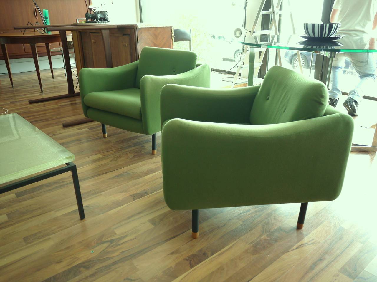 Living room suite, model Teckel designed by Michel Mortier for Steiner Editor in 1963. Two armchairs and a two seat sofa in original condition and original green wool fabric.