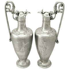 Used Victorian Pair of Sterling Silver Claret Jugs by Elkington & Co. Ltd.