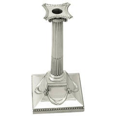 Sterling Silver Corinthian Column Taper Candlestick, Antique George III