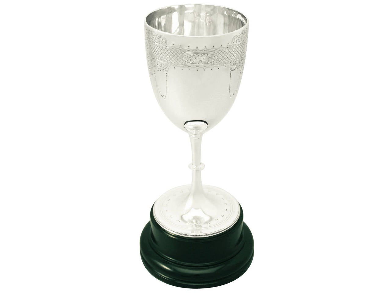 A fine antique Edwardian English sterling silver presentation cup; part of our cups and trophies collection

This fine antique Edwardian sterling silver presentation cup has a round bell shaped form onto a knopped stem and circular spreading