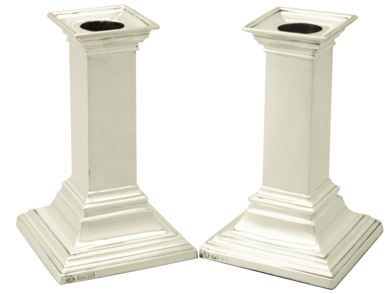 Sterling Silver Column Piano Candlesticks, Antique Edwardian