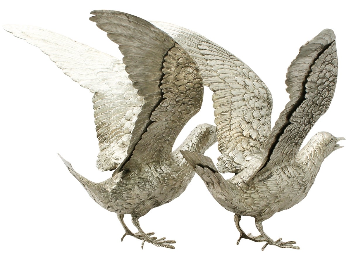 A fine and impressive pair of antique German silver table gulls; an addition to our ornamental continental silverware collection

These fine antique German silver table ornaments have been realistically modelled in the form of a pair of