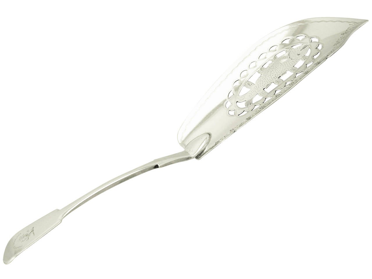 A fine and impressive antique Scottish sterling silver Fiddle pattern fish slice/server made by William Jamieson in Aberdeen; an addition to our silver flatware collection

This fine antique Scottish sterling silver fish slice/server has an