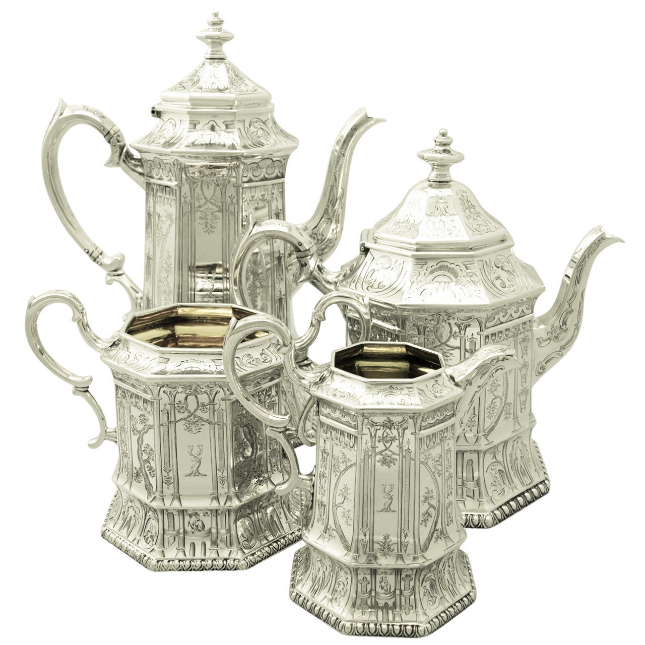 Sterling Silver Four-Piece Tea and Coffee Service, Antique Victorian