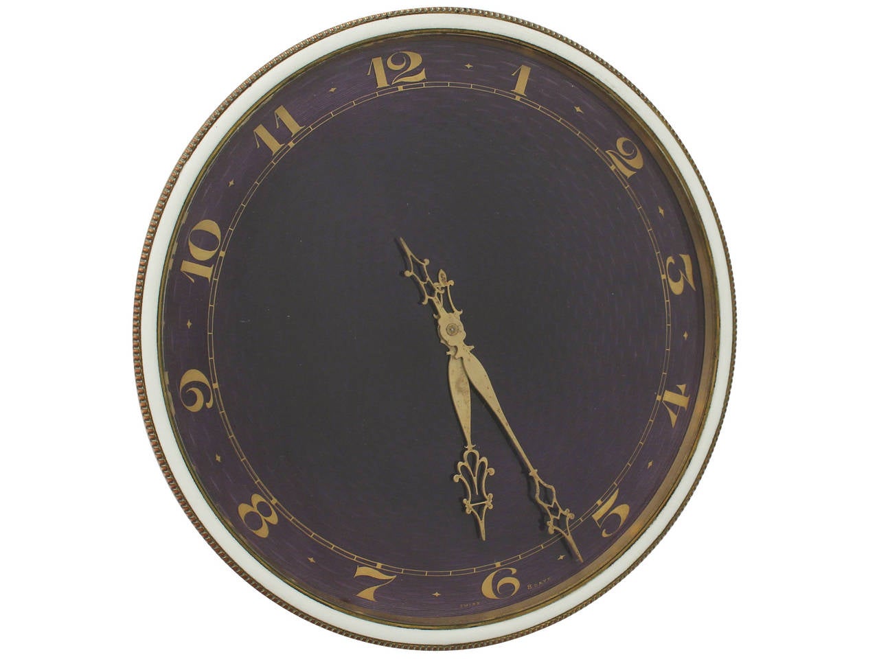 A fine and impressive antique gilt metal and guilloche enamel eight-day timepiece in the Art Nouveau style; an addition to our ornamental collection.

This impressive antique gilt metal clock has a circular form.

The casing of the clock is