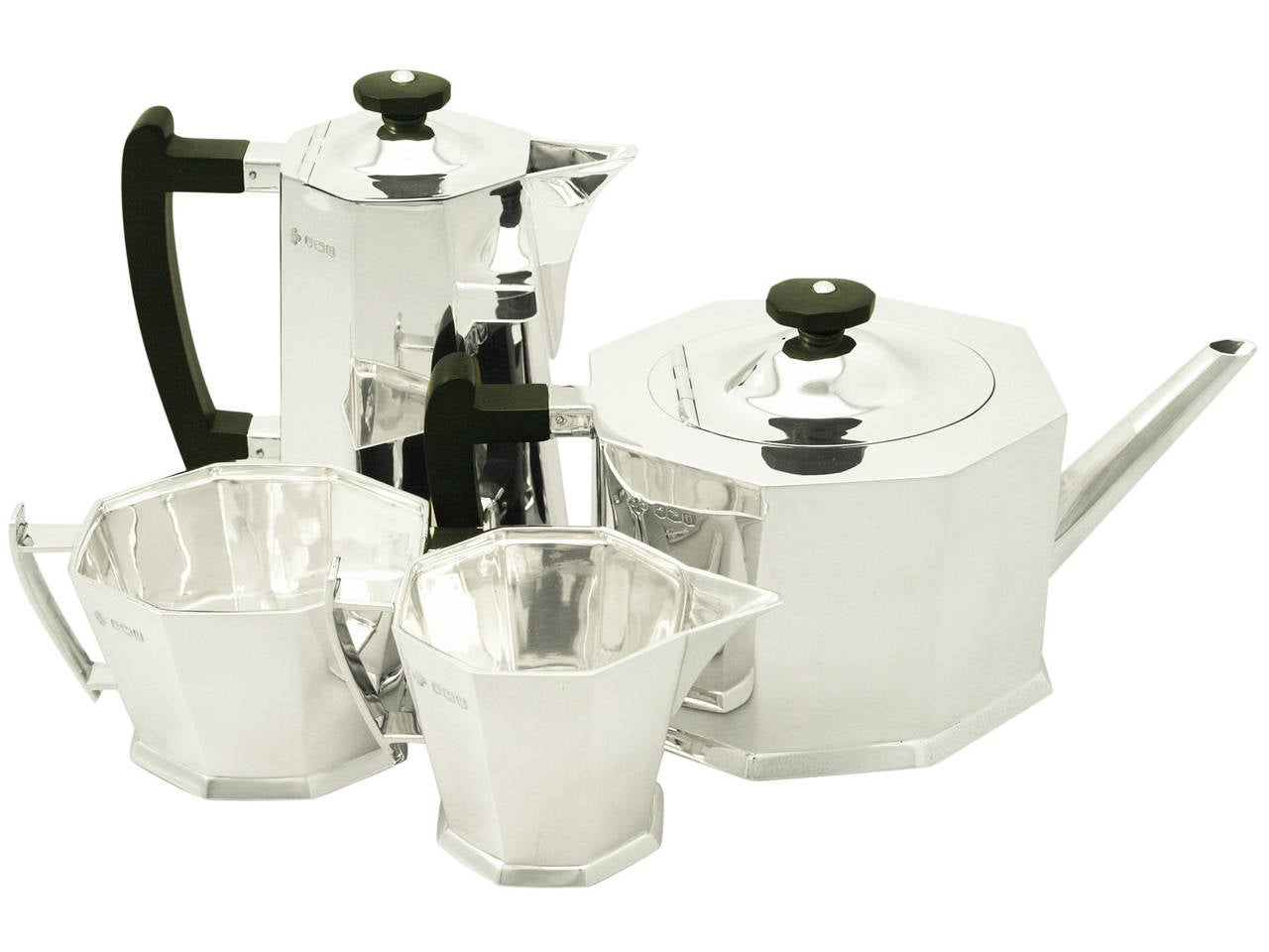 Sterling Silver Five-Piece Tea or Coffee Service, Art Deco Style