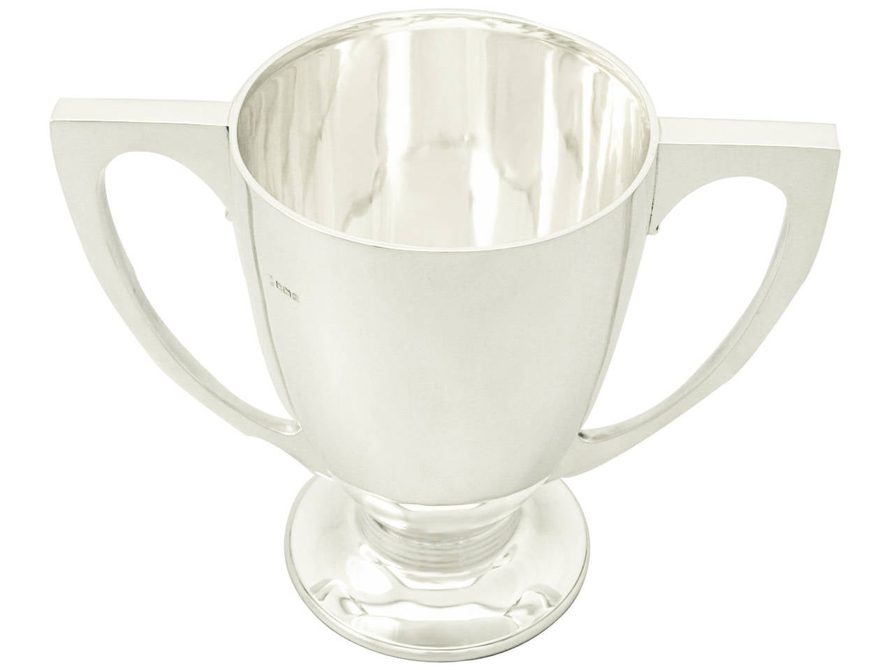 A fine and impressive antique George V English sterling silver presentation trophy in the Art Deco style; part of our presentation silverware collection

This fine antique George V sterling silver presentation cup has a circular plain bell shaped