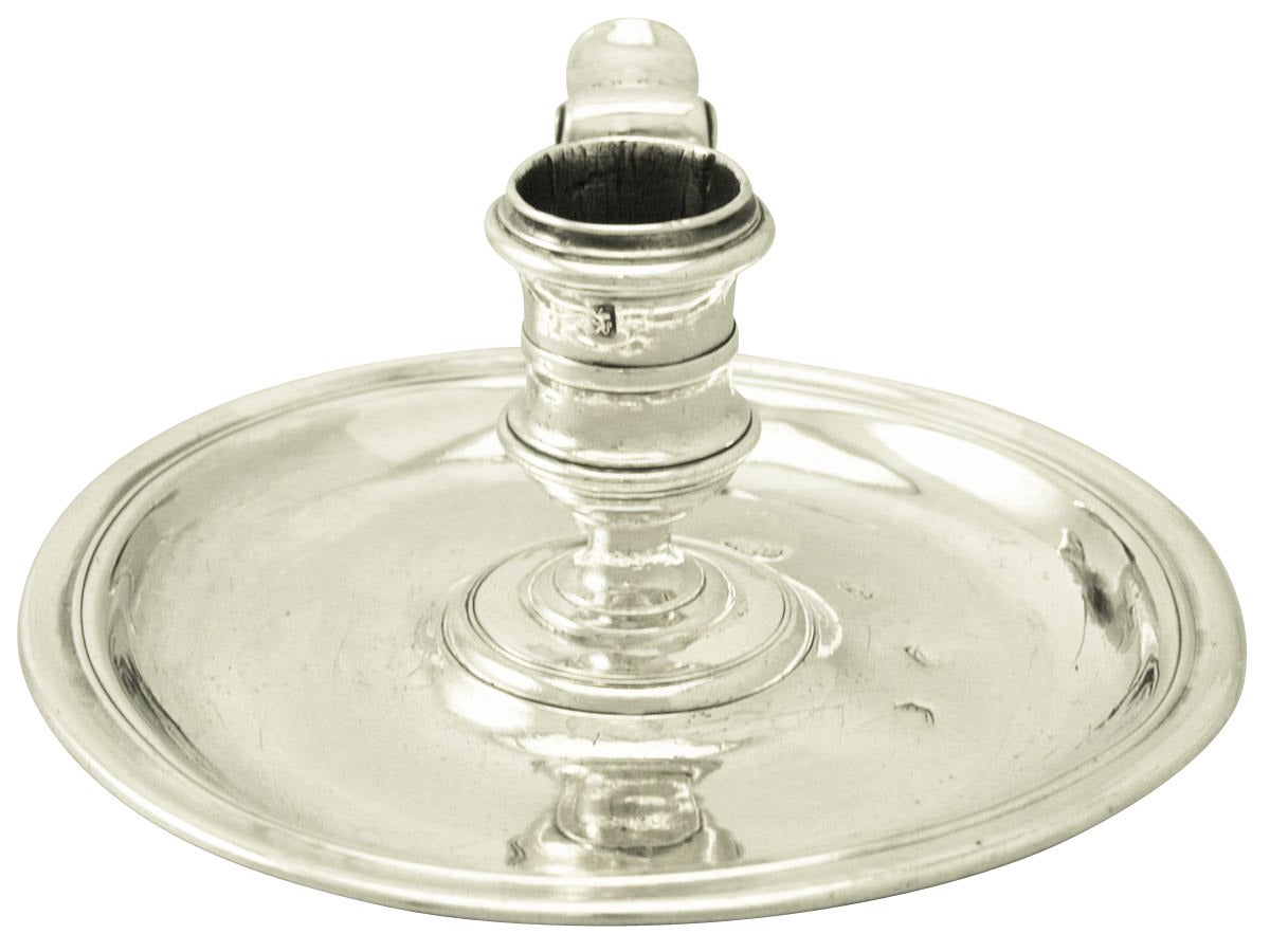 A fine and impressive antique George II English sterling silver chamber candlestick made by Paul De Lamerie; an addition to our range of collectable Georgian silverware.

This fine antique George II sterling silver chamber candlestick