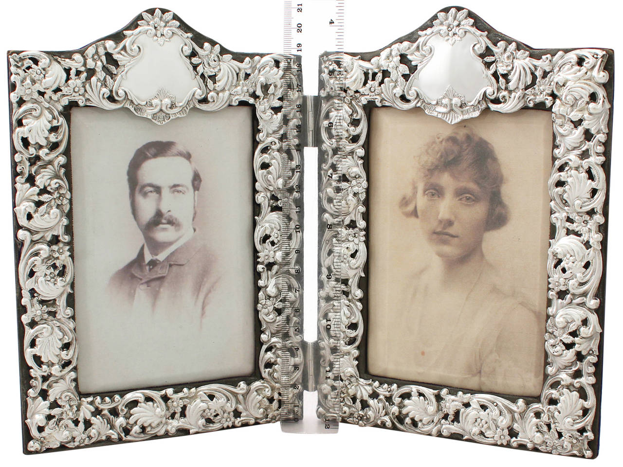 Glass Sterling Silver Double Photograph Frame, Antique Victorian