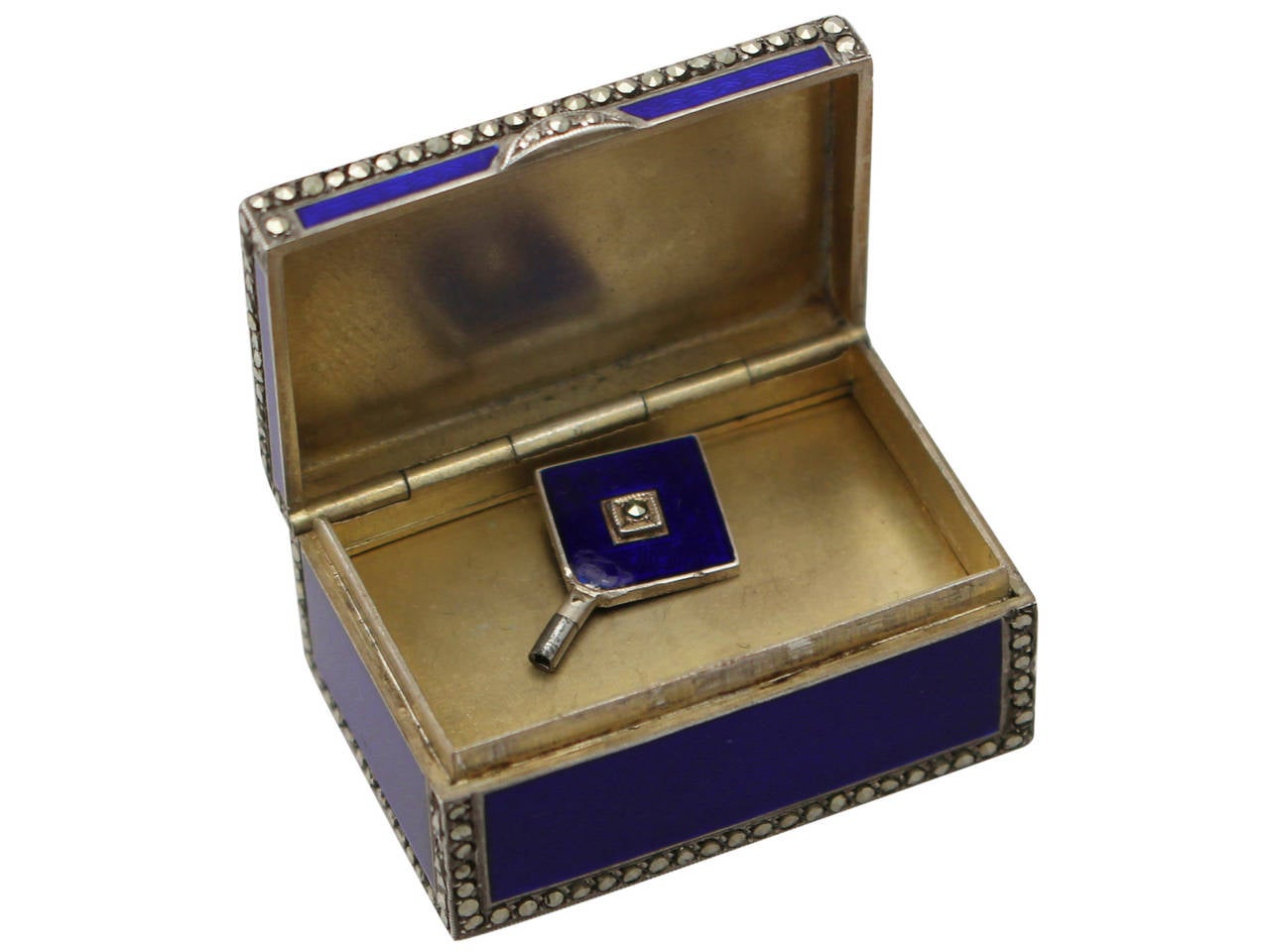 1900s Sterling Silver, Enamel and Marcasite Miniature Music Box 1