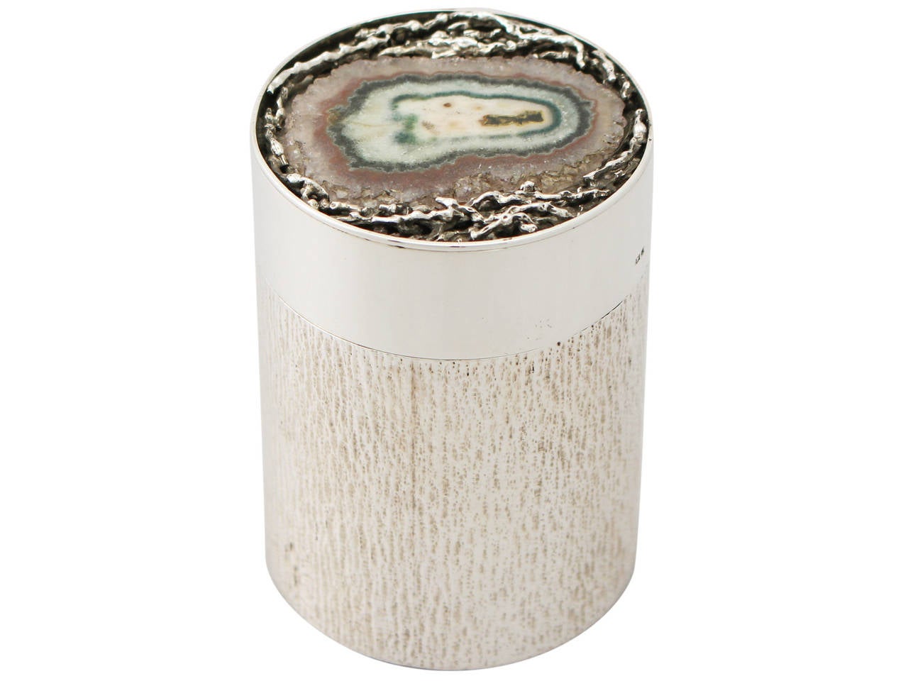Sterling Silver and Agate Box/Canister by David Deakin - Vintage Elizabeth II