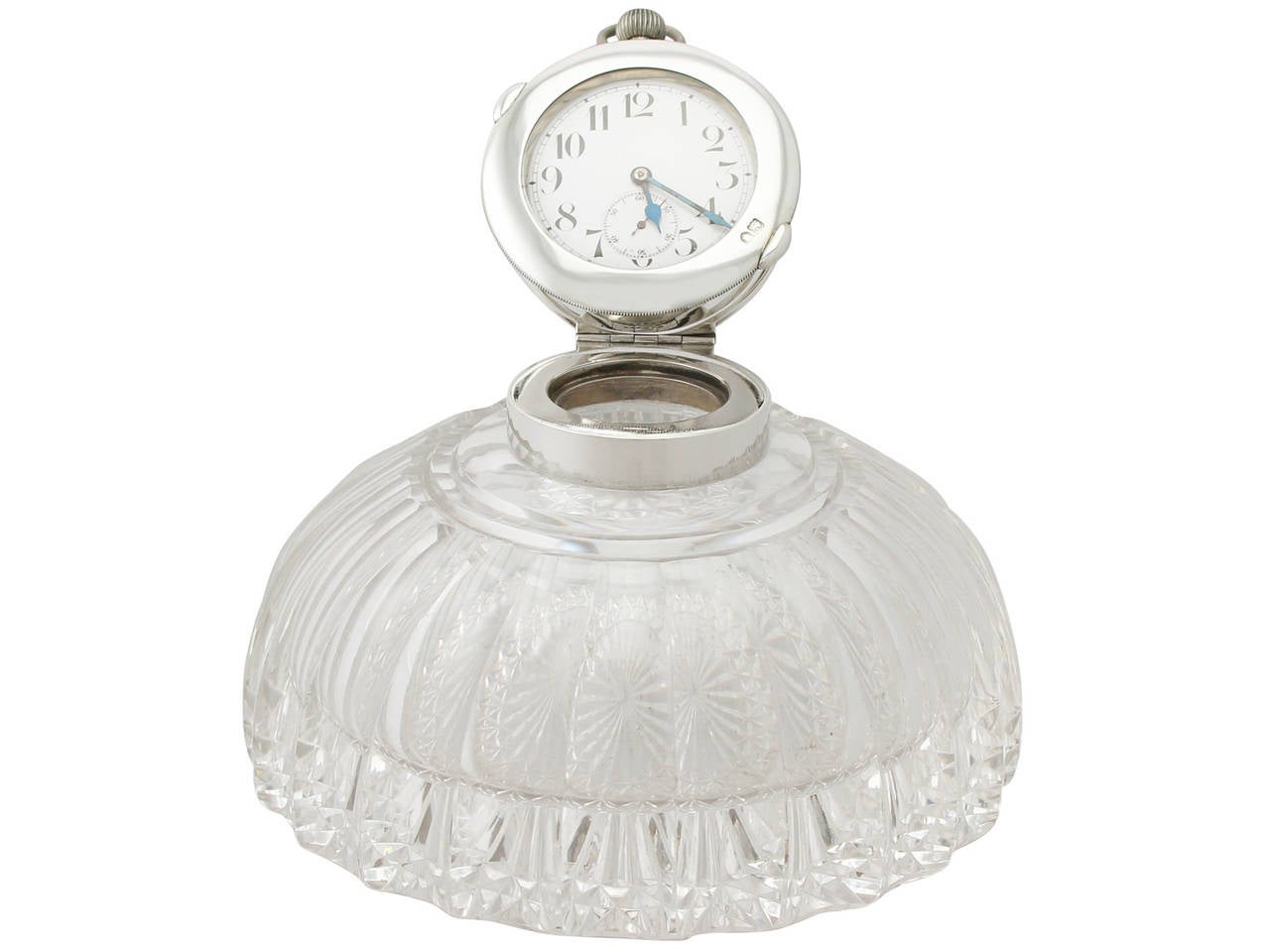 A very fine and impressive, unusual antique Edwardian English cut glass, silver mounted 'watch' inkwell; an addition to our ornamental silverware collection.

This very fine, large antique Edwardian cut glass inkwell has a circular domed