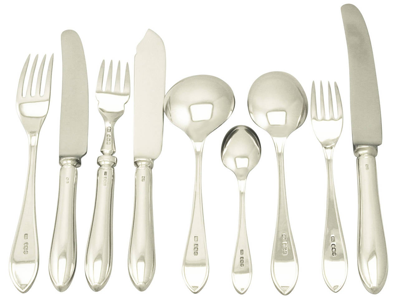 A fine and impressive vintage Elizabeth II English sterling silver straight Sandringham pattern flatware set / service for twelve persons; an addition to our canteen of cutlery collection.

The pieces of this fine, vintage Elizabeth II sterling
