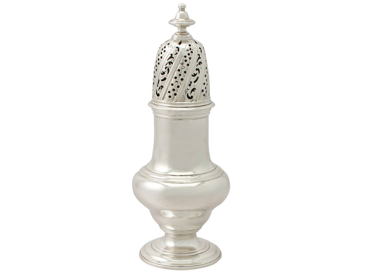 An exceptional, fine and impressive antique George II English sterling silver sugar caster made by Samuel Wood; an addition to our silver Georgian teaware collection.

This fine antique George II sterling silver sugar caster has a plain baluster