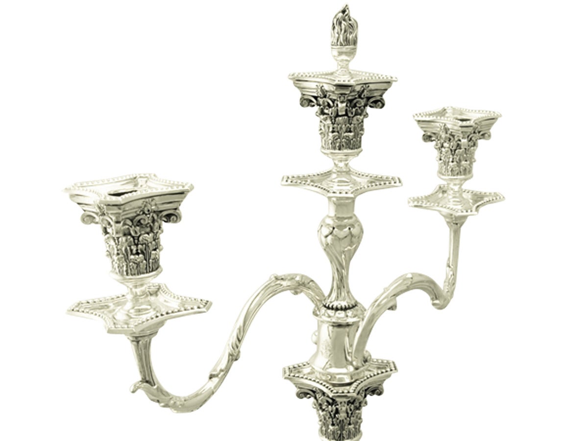 Embossed Victorian Pair of Sterling Silver Three-Light Candelabra