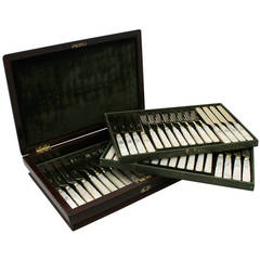 Sterling Silver Gilt Mother-of-Pearl Dessert Service for 24 Persons, Antique