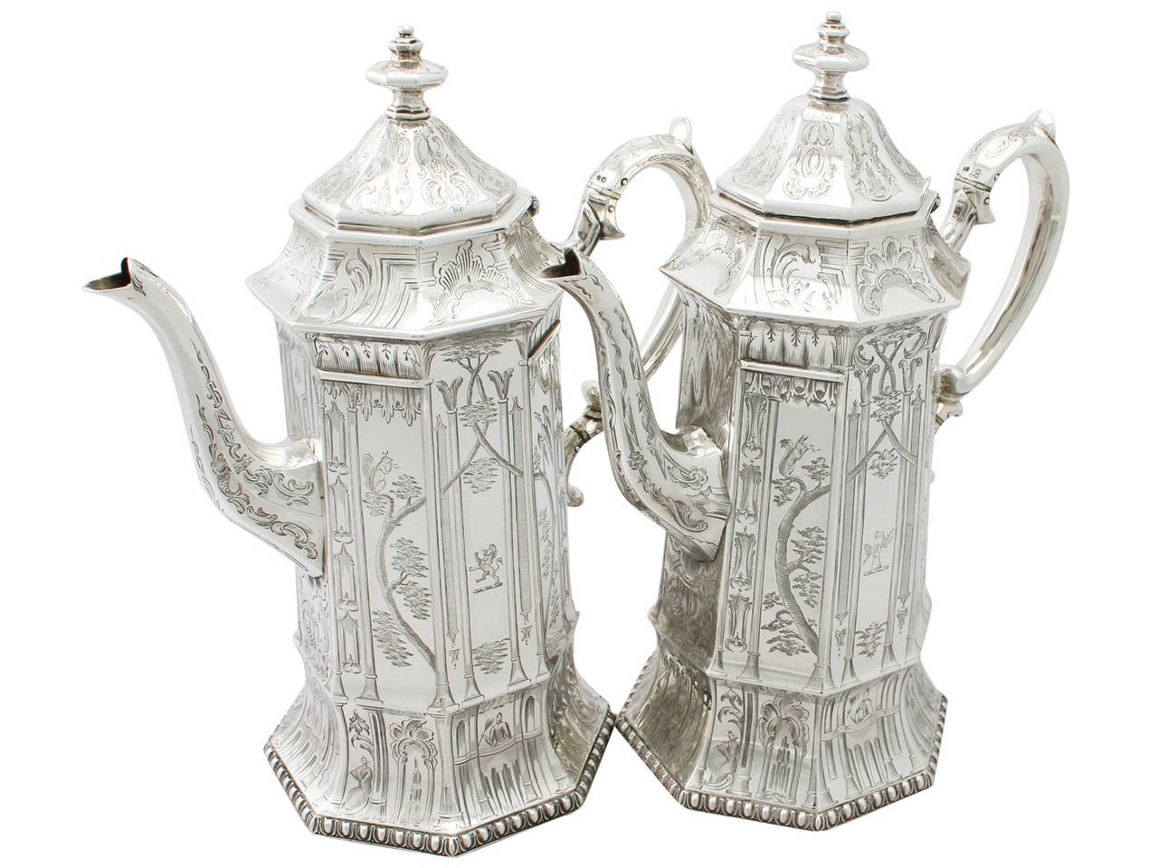 Sterling Silver Nine-Piece Tea and Coffee Service, Antique Victorian
