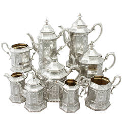 Sterling Silver Nine-Piece Tea and Coffee Service, Antique Victorian