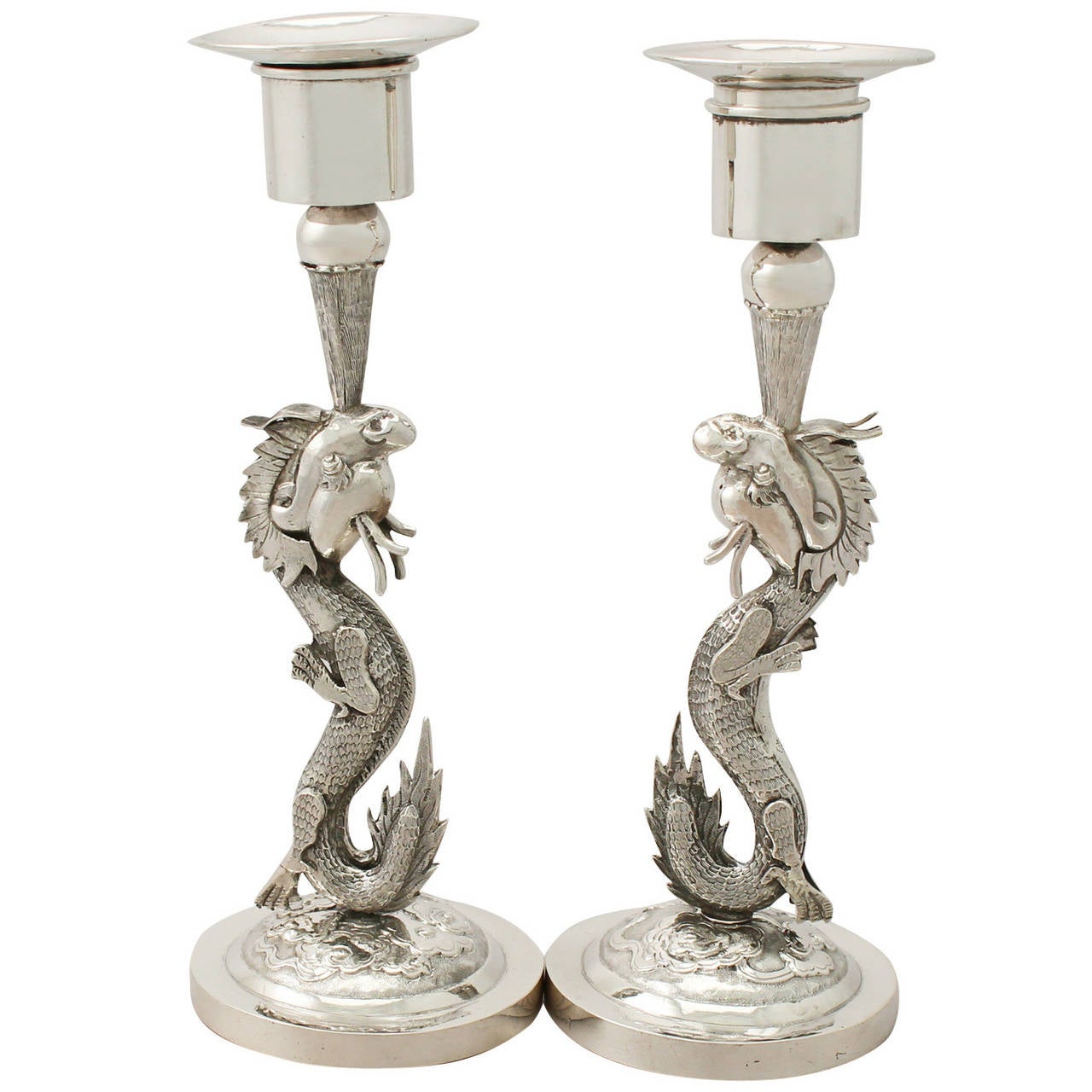 Antique Chinese Export Silver 'Dragon' Candlesticks, circa 1890 at 1stDibs