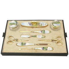 Sterling Silver, Cut Glass and Enamel Dressing Table Set, Antique George V