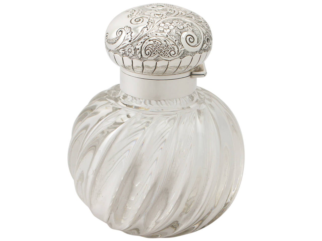 A fine and impressive antique George V blown glass and English sterling silver mounted scent bottle; an addition to our ornamental bedroom silverware collection.

This fine antique George V blown glass and English sterling silver mounted scent