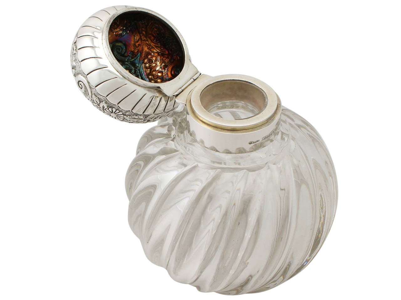 Embossed Blown Glass and Sterling Silver Scent Bottle, Antique George V