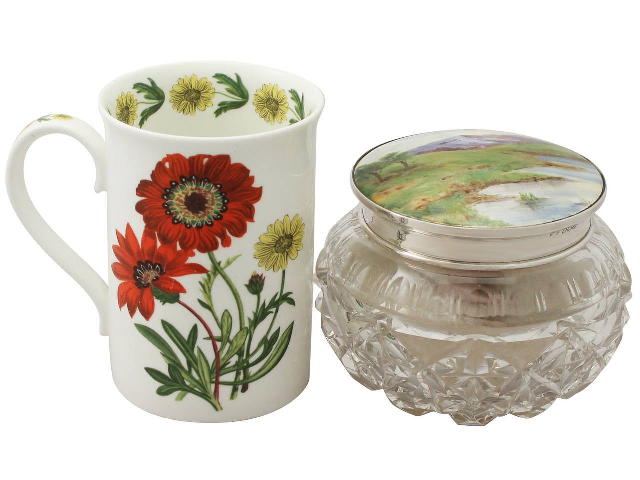 Sterling Silver, Cut Glass and Enamel Dressing Table Jar, Antique