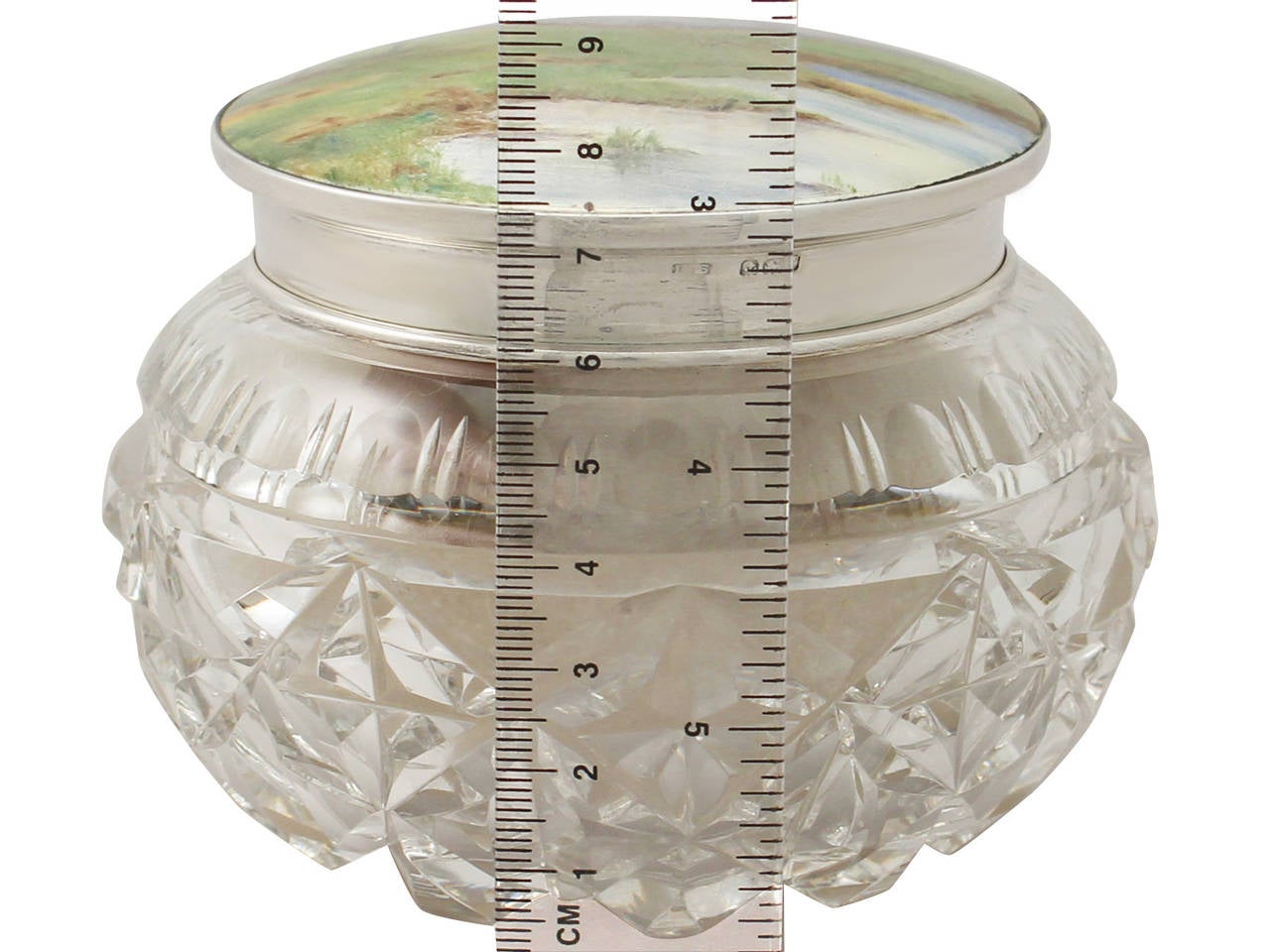 Sterling Silver, Cut Glass and Enamel Dressing Table Jar, Antique