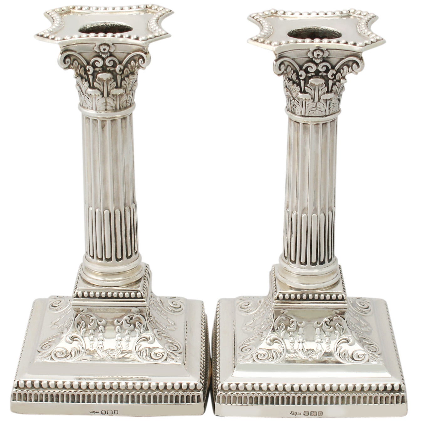 Sterling Silver Corinthian Column Candlesticks, Antique George V