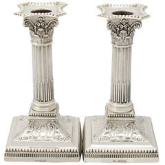 Sterling Silver Corinthian Column Candlesticks, Antique George V