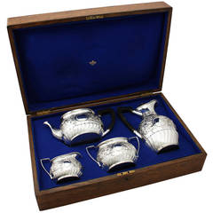 Sterling Silver Boxed Four-Piece Tea and Coffee Service, Antique Victorian 12